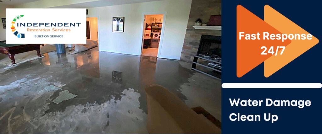 This image shows water damage covering a basement living room floor - Independent Restoration Services - Middle Tennessee